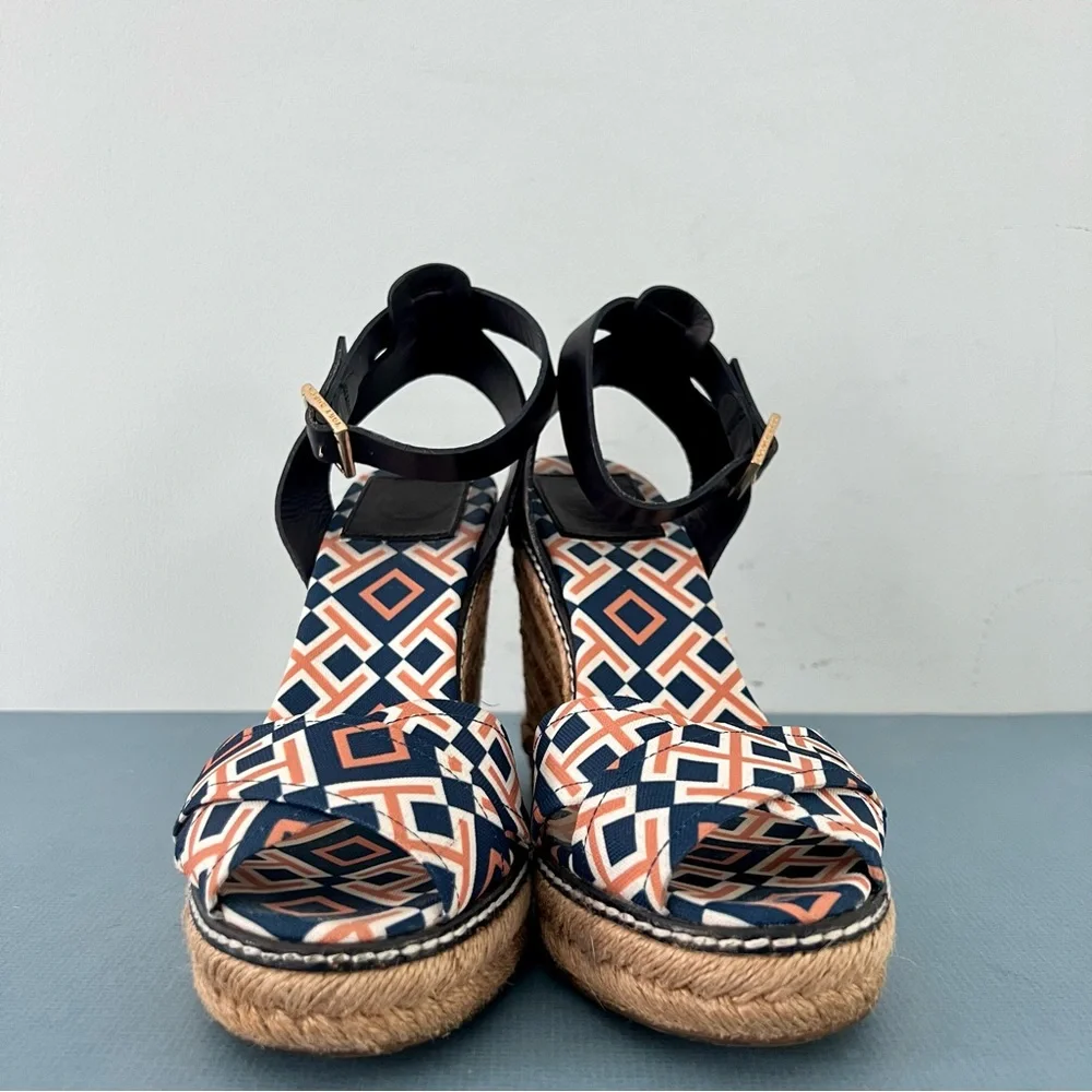 Tory Burch Criss Cross Blue & Orange Canvas Espadrille Jute Wedge Sandals‎